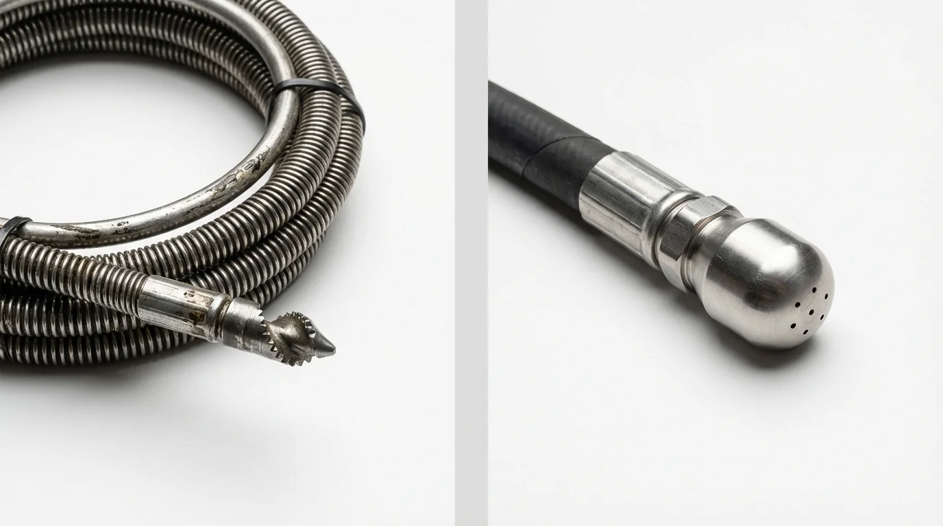 Drain snake cable and hydro jetting nozzle used for drain cleaning in Manvel, TX