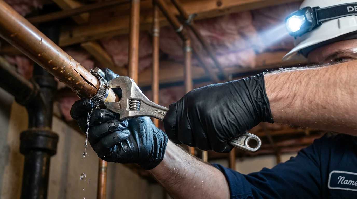 Emergency pipe clamp repair being performed by a Johns Plumbing LLC plumber in Manvel
